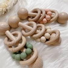 Wooden Ring Rattle with Silicone Beads - Asst'd