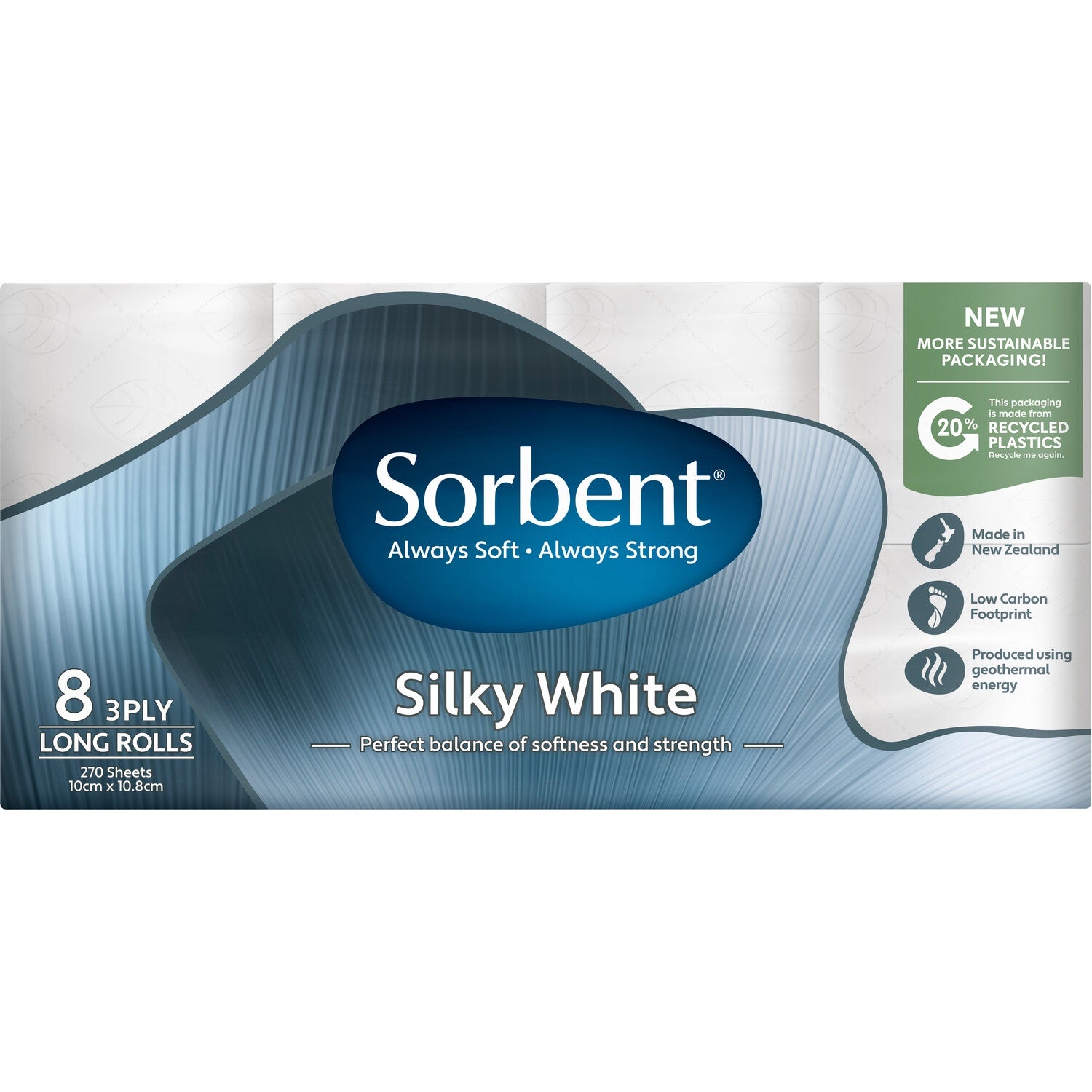 Sorbent Long Roll Silky White Toilet Tissues 3ply  8pk