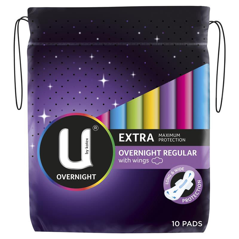 U by Kotex Extra Overnight Regular Pads With Wings 10pk