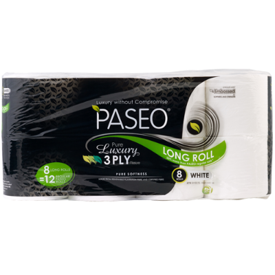 Paseo Pure Luxury Long Roll Toilet Paper 3ply 8pk